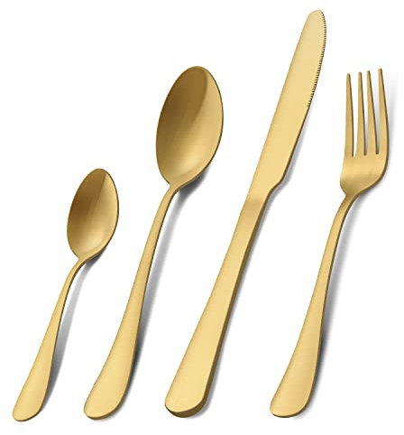 Cutlery Set, Pleafind 32 Piece Matte Gold Cutlery Set, Service for 8, Stainless Steel Flatware Set Include Knife Fork Spoon, Silverware Set, Dishwasher Safe
