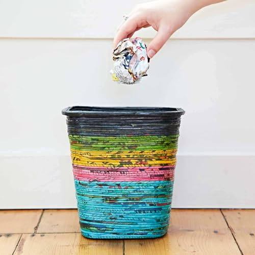 Cesta de papel reciclado para periódicos, colorida y única, hecha a mano, comercio justo y sostenible (azul marino/verde/amarillo/rosa/azul)