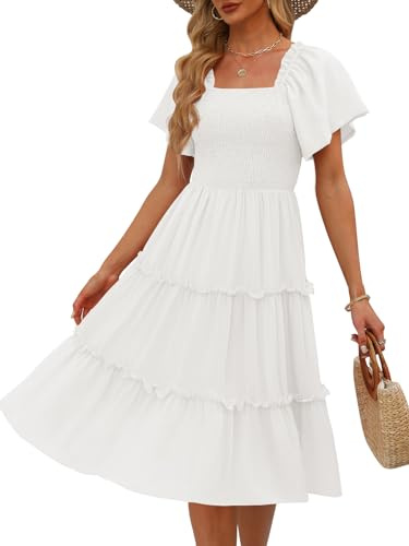 LILLUSORY Women Dresses Spring Summer 2026 Midi Graduation Bridal Baby Shower Casual Flowy Boho Sun Sundress Bridesmaid Brunch Cute Ladies Vacation Beach Smocked Teacher Clothes Outfits White M
