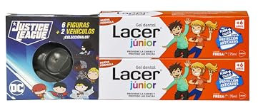 LACER JUNIOR - Pack 2 x 75 ml Gel Dental Sabor Fresa con una de las Figuras de Batman, para Niños de +6 años, Sabor a Fresa, Previene la Caries, Fórmula de Flúor Más Calcio, Cuida los Dientes de Leche