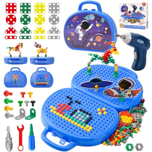 DAOUZLMontessori Caja de juguetes con taladro, caja mágica, rompecabezas de mosaico, juego de herramientas, taladro y tornillo, juguete a partir de 3 años