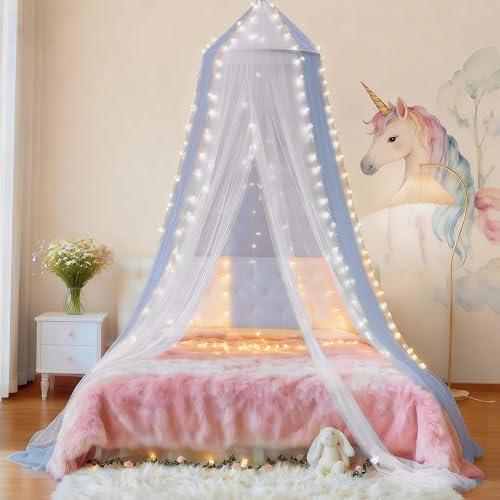 Eimilaly Dosel de Cama Mosquitera Blanco Azul con Luces Cálidas, Dosel de Cama para Decoración de Habitación de Niñas, Puerta Simple
