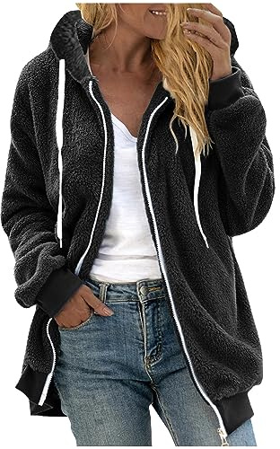 Wyongtao Veste Femme Polaire Chaud Sweat Manches Longues Avec Capuche Zippée Couleur Unie Doublure Hoodies Sweatshirt Hiver Manteau En Peluche Épaissir Doux Chic Ample Casual Outwear Blouson