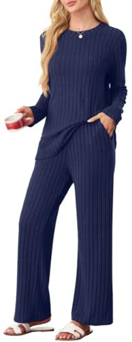 PrinStory Womens Pyjama Sets Ribbed Nightwear Striped Pjs For Women Sets Causal Lounge Wear Sets Long Sleeve Tops And Wide Leg Pyjama Trousers With Pockets (Navy Blue, L)