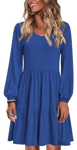 Zeagoo Vestido de mujer de invierno con cuello en V, vestido de otoño de manga larga, elegante, casual, hasta la rodilla, vestido de ocio azul M