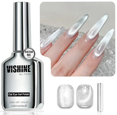 Vishine 16 ml Cat Eye Gel-Lack Mit Katzenaugen-Effekt - Magnetisches Holografisches Silber Glitzer, Reflektierendes UV-Gel, Transparent, Kristallfarbe (H001)