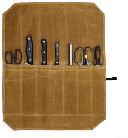 Desiumite Waxed Canvas Knife Roll Bag with 8 Slots, Waterproof Chef Knife Storage Case for Professional and Home Cooking, Portable Cutlery Carrier for Travel and Camping(Khaki)