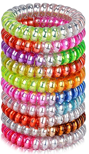 JessLab Spiral Hair Ties, 10 Pcs Traceless Phone Cord Bracelet Plastic Coil Ponytail Holders No-Damage Accessory for Girls Women Ladies, Color Assorted, Set 3