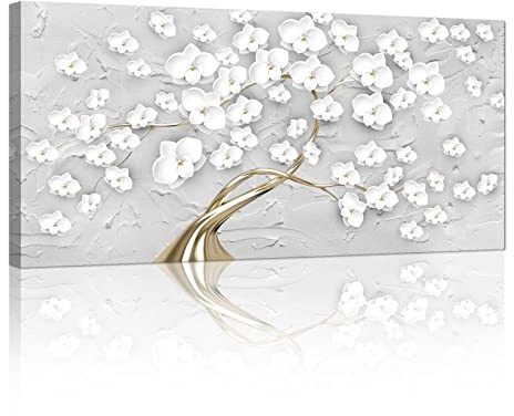 FajerminArt Grande Marco de Madera Cuadros Decoracion Salon, Modernos Abstracto Flores de Color Blanco Grisáceo Pintura Lienzos Decor Cuadros Salón Pasillos Dormitorio Comedor Oficina Colgar 100x50cm