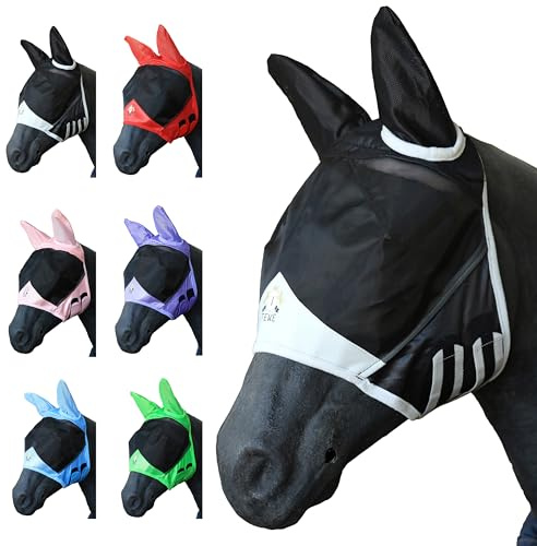 T TEKE Fine Mesh Horse Fly Mask w/Ears, UV Blocking 3D Eye Visor with Extra Fleece Cushioned Forehead, Protection from Insect Pests
