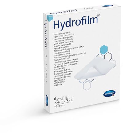Hydrofilm, Apósito Autoadhesivo; Impermeable; Resistente al Agua; Protección a la Penetración Bacteriana; Adhesivo Hipoalergénico; Retirada sin Dolor; No deja Residuos; 10 Apósitos; 6 x 7 cm