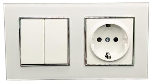 Jandei - Enchufe Schuko 2P+T 16A y Doble Interruptor Conmutador, 230V, Decoración Elegante Pared Interior, Fácil de Instalar, Incluye Marco y Mecanismo, Cristal Templado Color Blanco