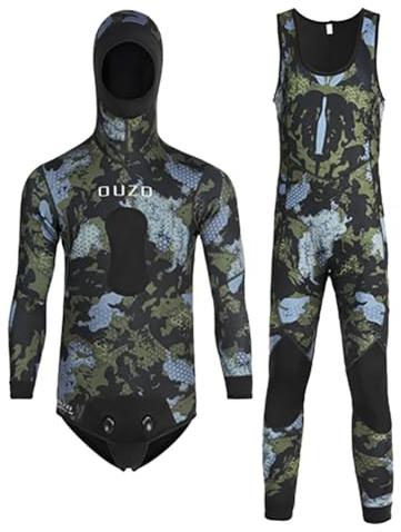 3 mm neopren-spearfishing dräkt, 2 delar, kamouflage, med huva för kallt vatten, fridykning, simning, surfing, S