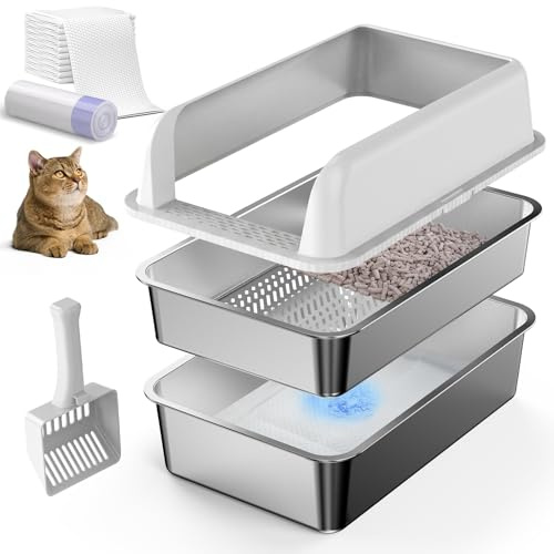 22.6''x14.5''x12'' Enclosed Stainless Steel Cat Litter Tray with Lid, XL Sifting Litter Box for Pine Pellets, High Sides Metal Litter Tray for Big Cats, Anti-Leakage, Easy Cleaning, Less Tracking