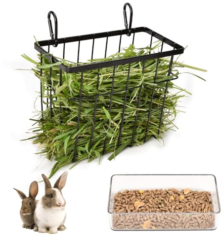 SANGLE SOPFFY Rabbit Feeder and Bunny Food Bowl with Hay Rack for Guinea Pigs, Chinchillas,Holland lop Bunny - Pet Hay Dispenser&Multifunctional Pellet Food Dish
