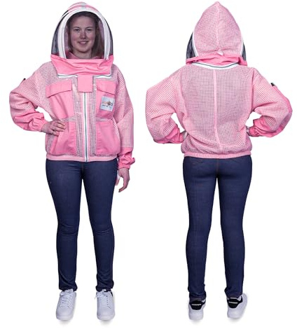 SAFTA Bee Pro 3 Layer Ventilated Beekeeping Jacket, Beekeeper Jacket For Professional Beekeepers, with Fencing Beekeeping Veil, Comfortable, Stingproof Jacket. (Pink, Large)