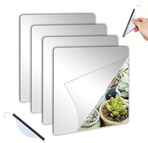KUBDPQOR miroirs Autocollants muraux 15x15 cm – Lot de 4 miroirs en Plastique incassables avec grattoir de Nettoyage – Miroir décoratif adhésif pour Porte, Salle de Bain, Chambre, Dressing