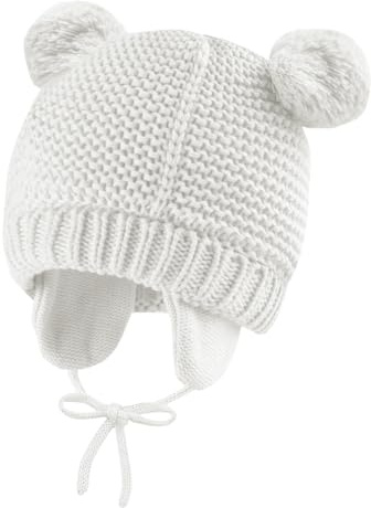 Mayoii Gorro de Invierno para Bebé con Orejeras – Gorro de Punto Suave para Niños Pequeños con Lindas Orejas de Oso, Gorro Cálido con Forro de Algodón para Bebés para Otoño e Invierno, blanco, L