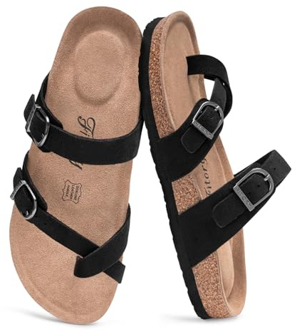 FITORY Women's Leather Sandals Comfort Cork Footbed Size 4-9 UK | Ladies Flat Suede Open Toe Slip On Slides, Toe Loop Double Adjustable Buckle Straps, Arch Support Shoes for Summer Walking