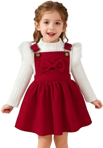 Achimlt Vestito Natale Bambina Abito Natale Neonata 2 Pezzi Elegante Maglia a Maniche Lunghe e Bretelle Staccabili Fiocco Gonna per Feste 12 Mesi a 5 Anni Natalizi Regalo (01-Rosso, 2-3 Anni)