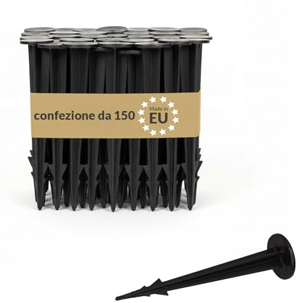 BAKOKI 150 anclajes de plástico para fijación contra malas hierbas, resistentes a los rayos UV, púas, diámetro de la cabeza 25 mm para red de topos, vellón de suelo, mantillo, césped