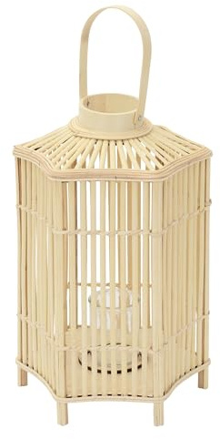 ECD Germany Linterna de Bambú Madera, 60 cm de Altura, Portavelas de Jardín con Asa y Inserto de Cristal, Farol de Estilo Boho, Lámpara Colgante Interior/Exterior Decorativo para Terraza, Balcón
