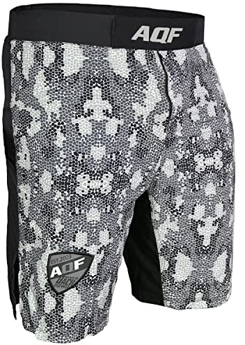 AQF Pantalones Boxeo Hombre, Shorts MMA, Camuflaje Gris, Muay Thai, UFC | Microfibra 100% Poliéster Elástico, Absorción Humedad, Shorts Deportivos, Entrenamiento Físico, Kickboxing y Artes Marciales