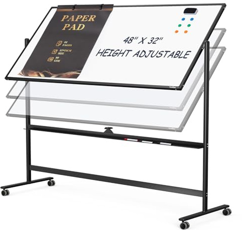 Dry Erase Whiteboard Easel on Wheels - TANKEE 48 x 32 Large Double Sided Mobile Whiteboard, Reversible Magnetic Rolling White Board for Home Office Classroom, Flip Chart Holders and Paper Pad