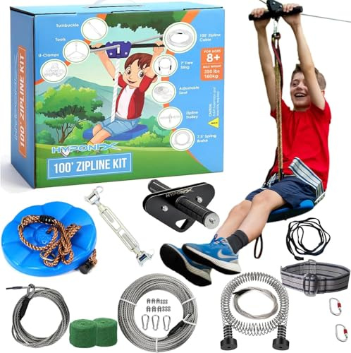 Hyponix Zipline Kit for Kids and Adults - 100 ft - 100% Rust Proof with Safety Harness & Spring Brake