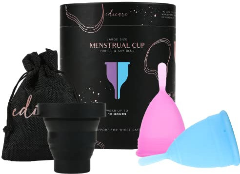 Edicare, Coppetta Mestruale, 2 Coppette Mestruali, 1 Sterilizzatore, 1 Borsa da Trasporto, Silicone di Grado Medico, Morbido, Ecosostenibile, Riutilizzabile (L - Special Edition)