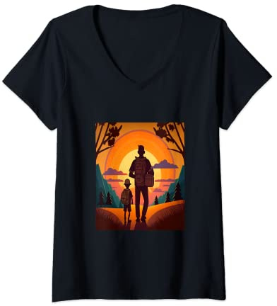 Womens Geocache Mountain Hiking Trip Geocaching Dad In Sunset V-Neck T-Shirt