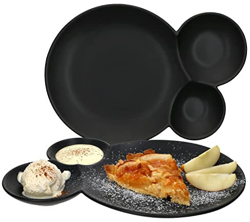 MamboCat Lot de 2 assiettes de service Nero L x l x H 29,5 x 21 x 2,5 cm Assiette ronde noir mat Assiette menu à 3 compartiments Assiette à hors-d'œuvre Assiette à dessert Vaisselle en faïence