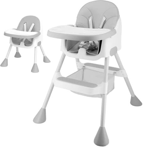 Baby Highchair, 2-in-1 High Chairs for Babies and Toddlers,Ergonomic, Comfortable, Reclining, Foldable, with Ajustable Height, Footrest, Detachable Double Tray Toddler Chair(Grey)
