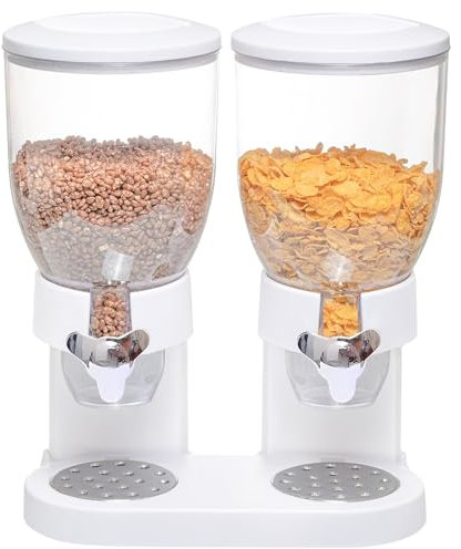HUOLE Cornflakes & Süßigkeiten, Müslispender doppelt, mit Portionierer, Cerealienspender, Cornflakes Spender - Müslispender, Frühstück, Cerealien, Körner, Nüsse, Süßigkeiten (Weiß)