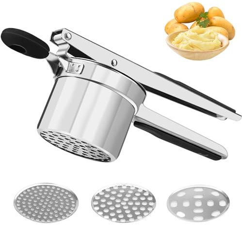 Prensa de patatas, Aplastador de patatas de acero inoxidable que viene con 3 discos y mangos de silicona antideslizantes, adecuada para puré de patatas, fideos, jugo y helado