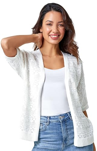 Roman Stitch Detail Knit Cardigan for Women UK Ladies Spring Everyday Summer Holiday Short Sleeve Soft Pointelle Fabric Comfy Edge to Edge Daywear Lightweight - Ivory - Size 14