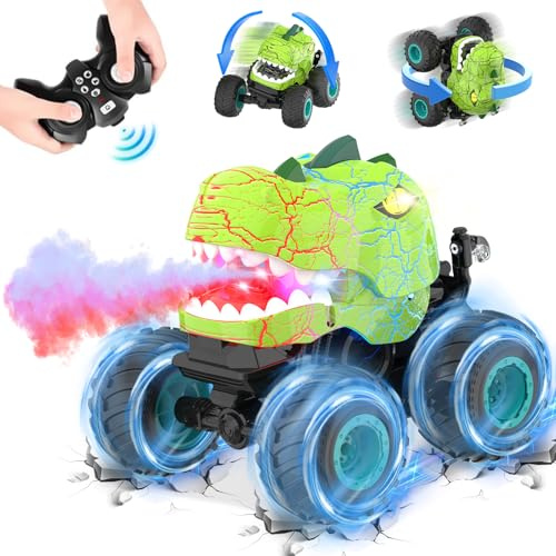 Kssvzz Dinosaure Voiture Télécommandée, 2.4GHz Dinosaure Monster Truck Telecommande avec Spray, LED et Sons, Cadeau pour Enfant de 3 4 5 6 7 8 9 10 Ans, Jouet Garcon 3-10 Ans, Cadeaux de Noël (Vert)