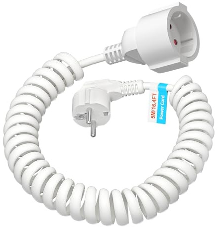 5M Schuko Verlängerungskabel, Schutzkontakt Spiralleitung dehnbar bis 5M Max, IP20 Verlängerungsleitung (230V/16 A), Spiralkabel 3 x 1,0 mm² mit Schuko Stecker & Kupplung