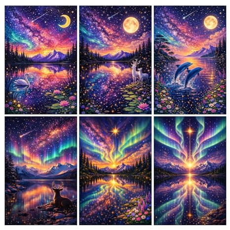 Yikenjoy 6 Pack Landscape Diamond Art Kits Adults 12x16 Inch Full Drill DIY 5D Diamond Painting Kits for Beginners Landscape Animal Aurora Night Sky Diamond Painting Set
