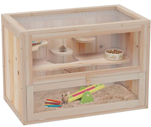 PawHut 2-Level Hamster Cage Mice and Rat House, Small Animal Habitat for Chinchillas with Openable Top, Front Door, Shelf and Ladder, Natural