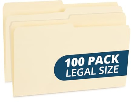100 Blue Summit Legal Size Manila File Folders, 1/2 Cut Tab for Office, Classroom, or Home Organization, Durable 11 Point Paper for Bills, Records & Documents