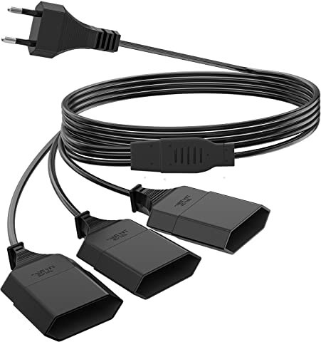2M Stromkabel Verlängerung Netzkabel, 3-in-1 Verlängerungskabel Typ-C-Stecker Eurostecker auf Verdreifachen Typ-C Euro Buchse, 0,75 mm² Max. 2,5A/250V für TV PC Computer Monitor Beamer Lampe, Schwarz