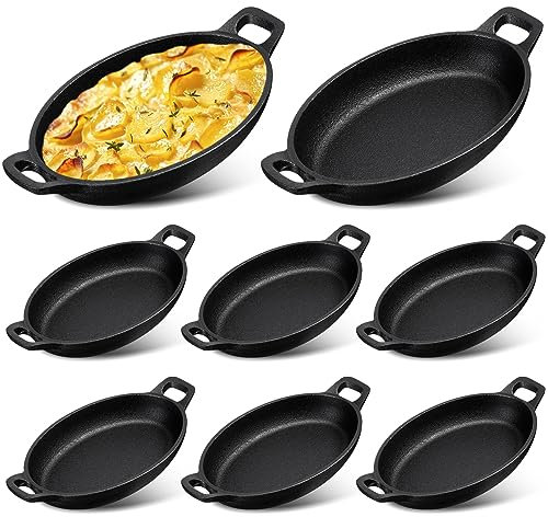 Mifoci 8 mini piatti da portata ovali in ghisa, 453,6 g, 22 x 11,9 cm, mini padella in ghisa, piatto frizzante, nero opaco, pentole gratinate per casa, ristorante, cucina, servizio di ristorazione,