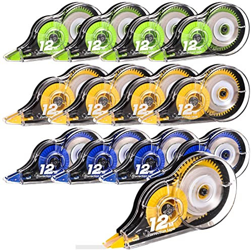 Yoosso 12er Pack Korrekturroller, 12m x 5mm Korrekturbänder Set Korrekturmaus Mini mit Schutzkappe Korrektur Tape für Kinder Zuhause Büro Schulsachen (Gelb&Blau&Grün)