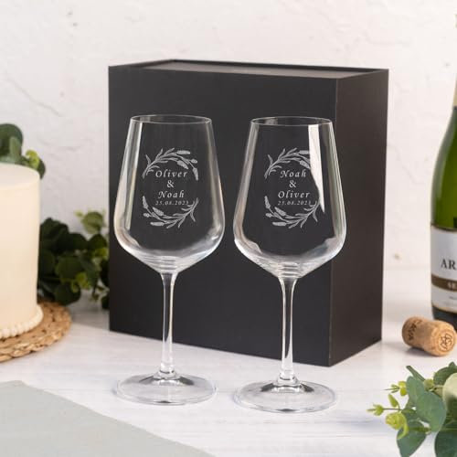 Wanapix | Pack 2 Copas de Vino Personalizadas | Estuche de Regalo Incluido | Copa de Cristal Grabada para Vino | Con Nombre o Texto | Pack de Copas de Cristal | Flowers