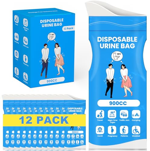 Kingci Disposable Pee Bags, 900ML Urine Bags for Women Men, 12 Pack Emergency Portable Urinal Bag and Vomit Bag Female Urinal Bags for Travel, Camping, Traffic Jams, Patient, Pregnant