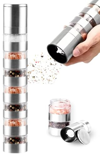 2 in 1 Moulin a Poivre et Sel Modulaire avec 7 Compartiments Rechargeable | Conserve et moud plusieurs épices dans un système compact; corps en acier pour cuisine et table