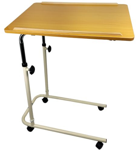 Eazy Wheeled Overbed Table – Tilting Adjustable Bedside Table with Locking Castor Wheels, Laminated Surface & Edge Stoppers | Rolling Overbed Tray for Elderly, Disabled, Medical & Home Care