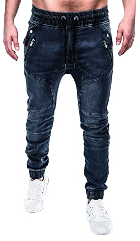 Pantalon de jogging en jean pour homme avec poches zippées - Taille élastique - Pantalon de motard avec fermeture éclair - Style Y2K - Style décontracté - Avec plusieurs poches - Pantalon de jogging