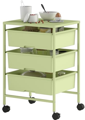 HOMCOM Carrito de Almacenamiento de 4 Niveles, Carrito de Cocina con Ruedas, 3 Cestas, Tablero y Marco de Acero, para Salón, Baño, Oficina, 40,8x33,5x60,5 cm, Verde